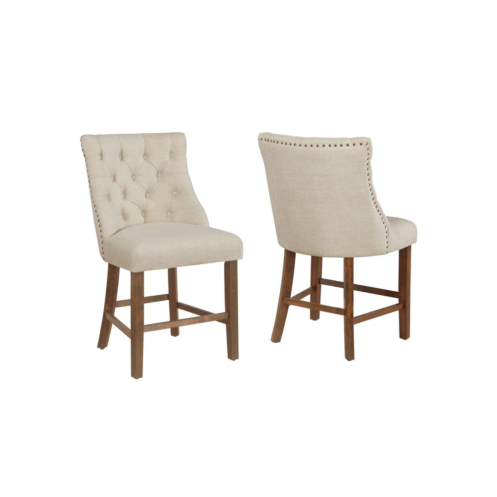 Counter height chair set of 2 in beige linen fabric. Picture 1