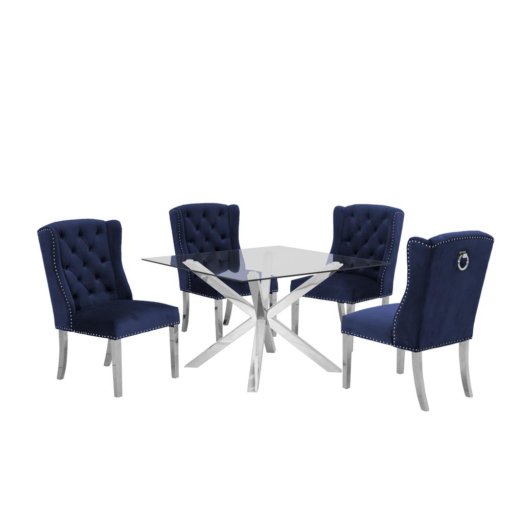 Stainless Steel 5 Piece Dining Set, Navy Velvet Chairs 532. Picture 1