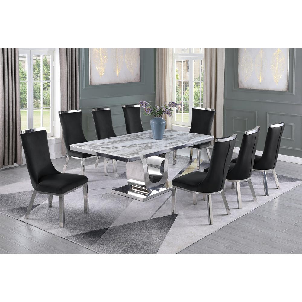 9pc dining set- Rectangle Marble table with a U shape silver base and 8 black side chairs. Picture 4