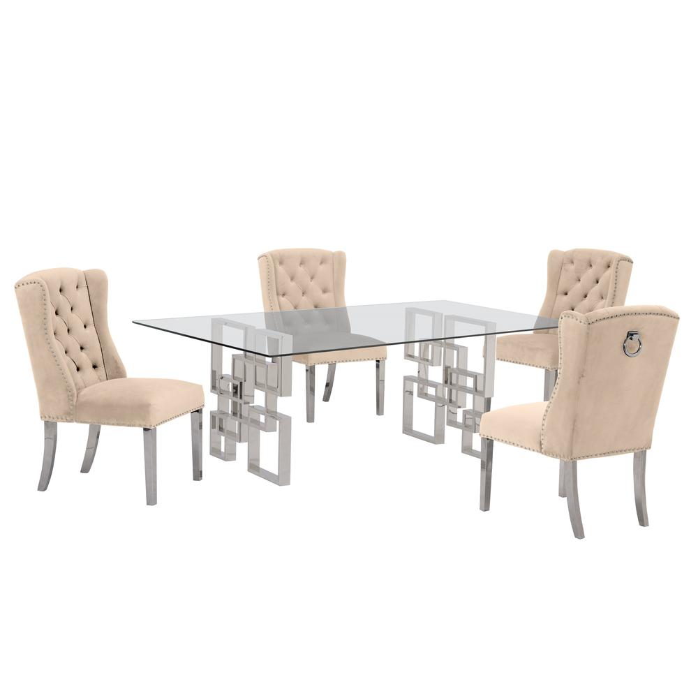 Stainless Steel 5 Piece Dining Set, Velvet Chairs - Beige Color 721. Picture 3