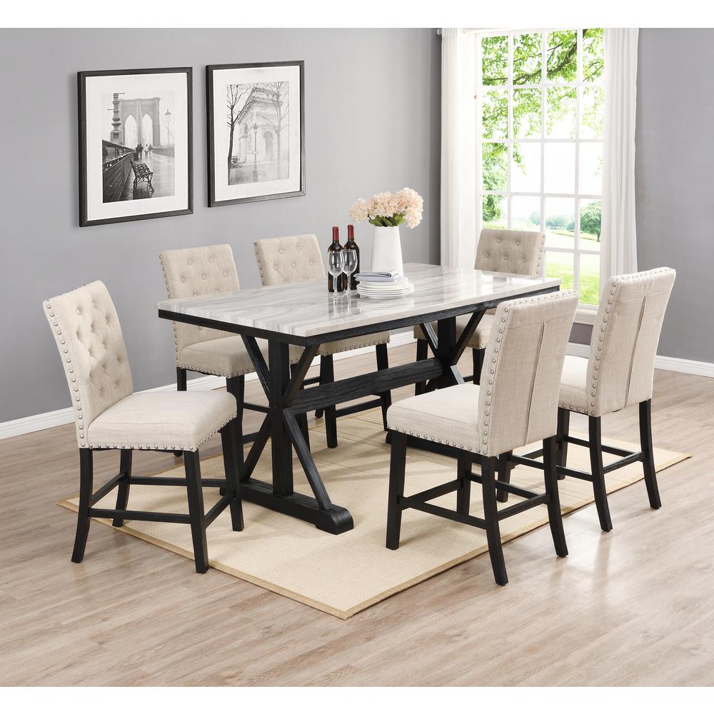Classic 7 Piece Dining Set: 1 Counter Height Table Faux Marble, 6 Linen Side Chairs Tufted Buttons and Nailhead Trim. Picture 2