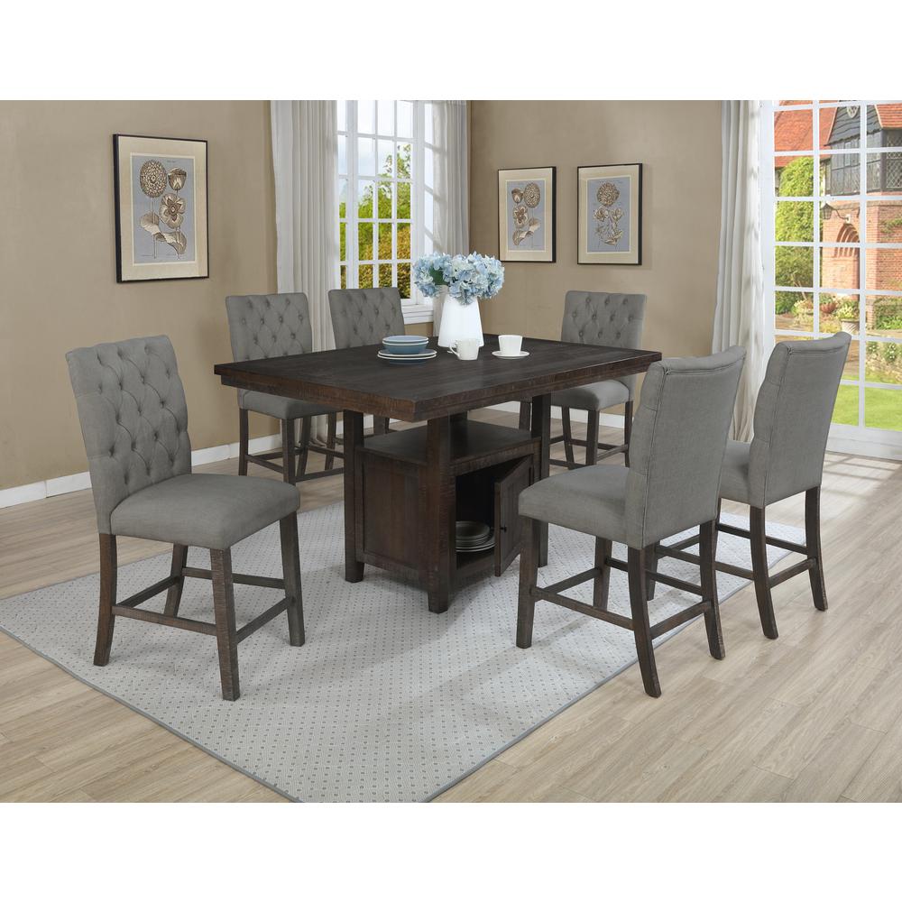 Classic 7pc Dining Set Counter Height w/Rustic Table Storage & Tufted Side Chairs, Gray. Picture 1