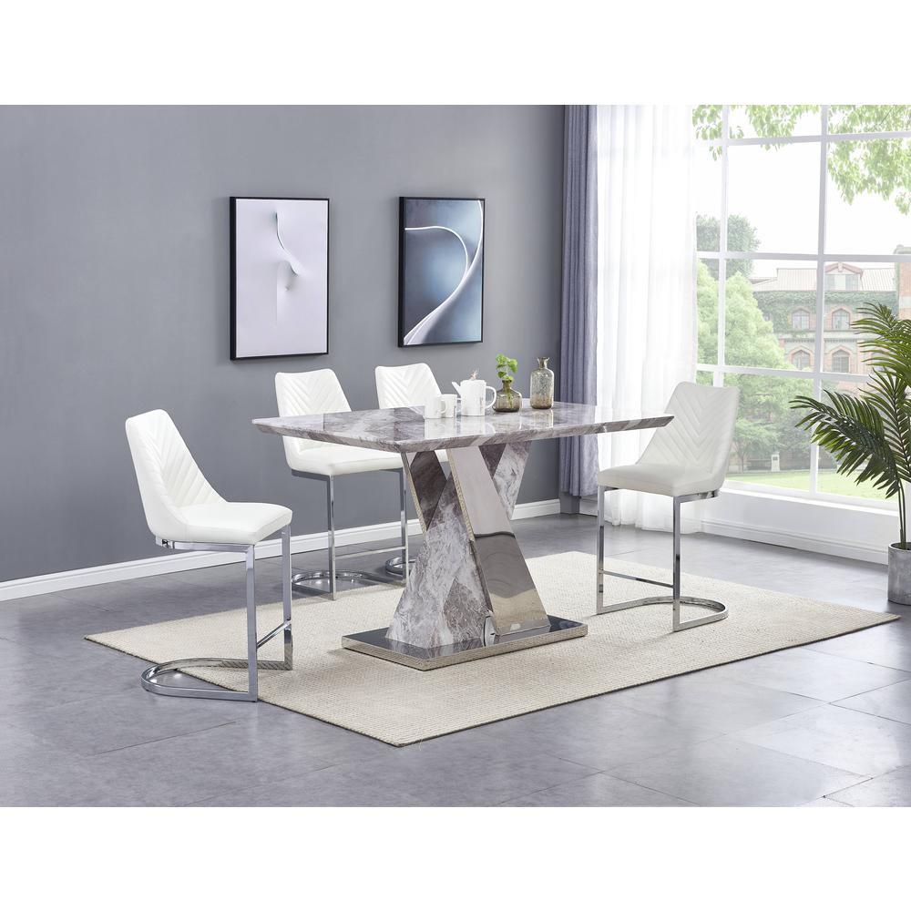 Classic 5 Piece Dining Set: White Faux Marble Counter Height Table, 4 White Faux Leather Side Chairs Chrome. Picture 2