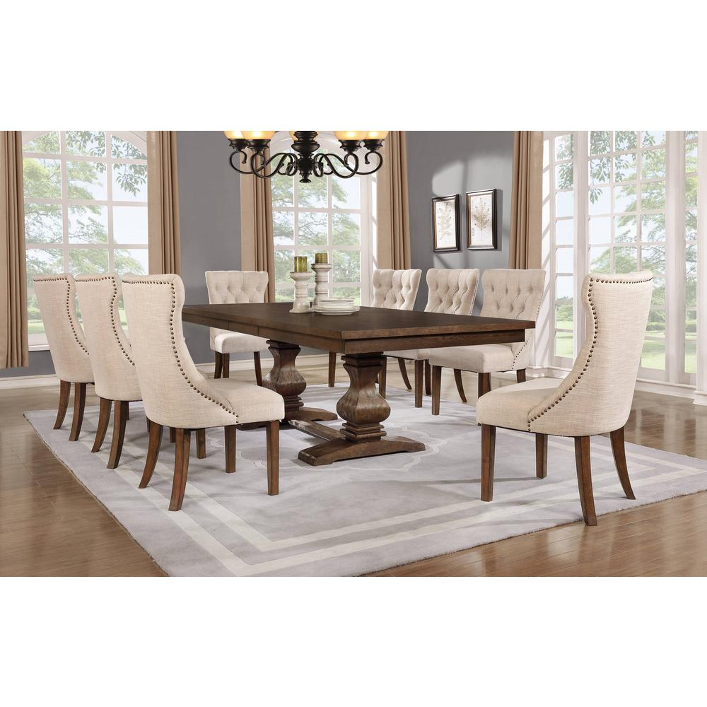 Classic 9pc Dining Set w/Uph Side Chairs Tufted & Naildhead Trim, Table w/Center 18" Leaf, Walnut. Picture 1