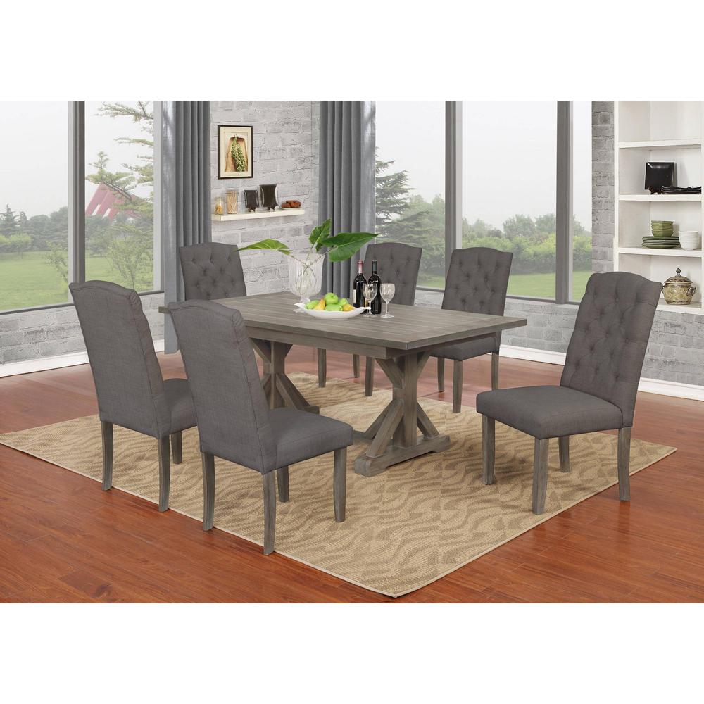 7PC Dining Set: 1 Dining Table, 6 Upholstered Side Chairs with Tufted Buttons, Gray. The main picture.