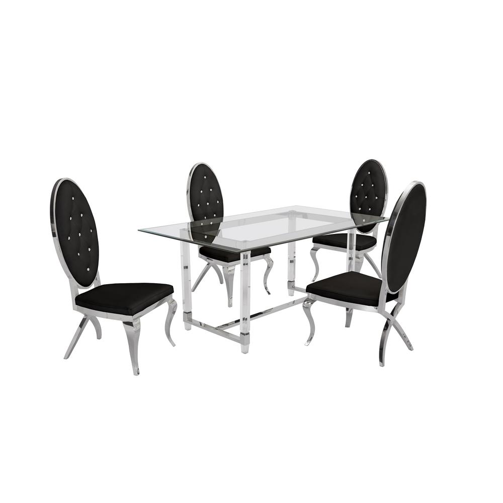 Acrylic Glass 5pc Set Tufted Faux Crystal Chairs in Black Velvet. Picture 1