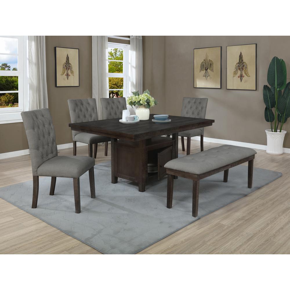 6pc Dining Set w/Uph Bench and Chairs Tufted & Table w/Storage, Grey. Picture 2