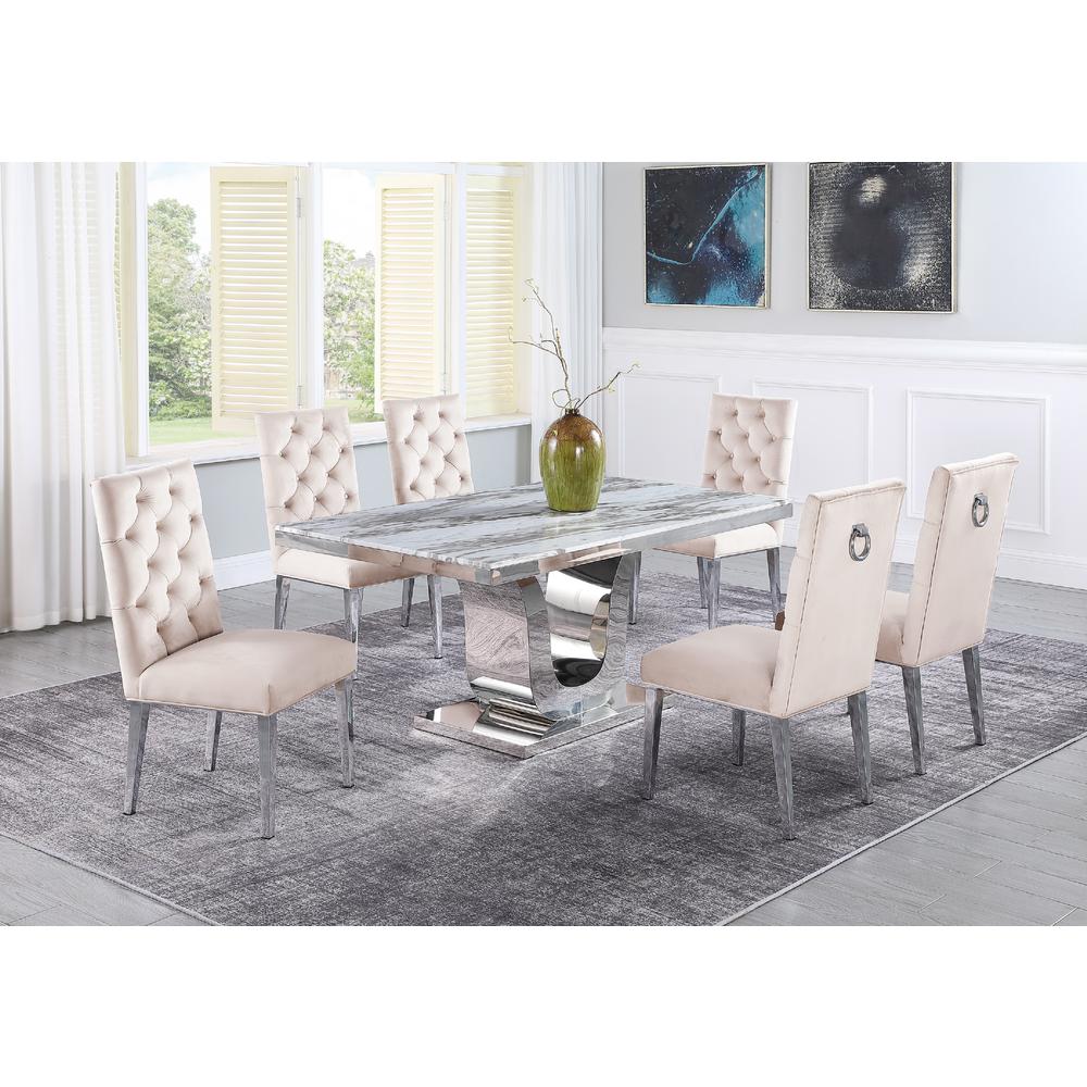 White Marble 7pc Set Ring Chairs in Beige Velvet. Picture 1