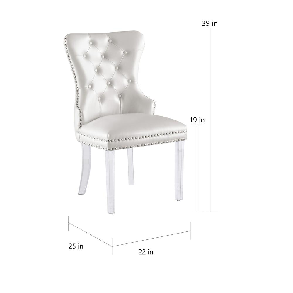 White Faux Leather Tufted Dining Side Chairs, Acrylic Legs - Set of 2. Picture 4