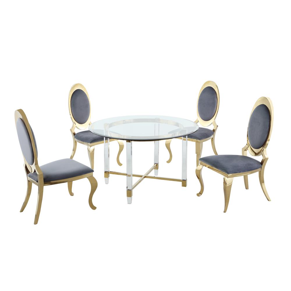 Round 5 Piece Dining Set Gold: Glass Table Acrylic, 4 Dining Chairs Stainless Steel in Dark Gray Velvet. The main picture.