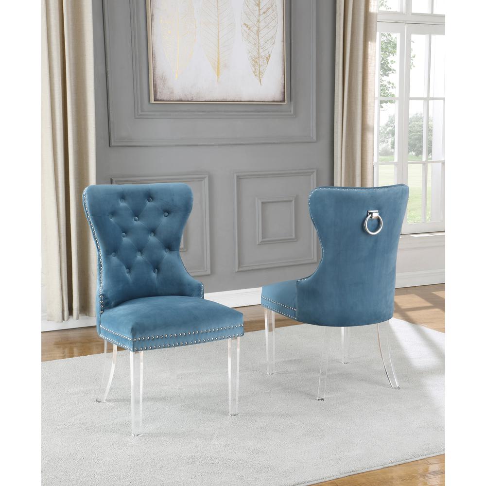 Teal Velvet Tufted Dining Side Chairs, Acrylic Legs - Set of 2. Picture 1