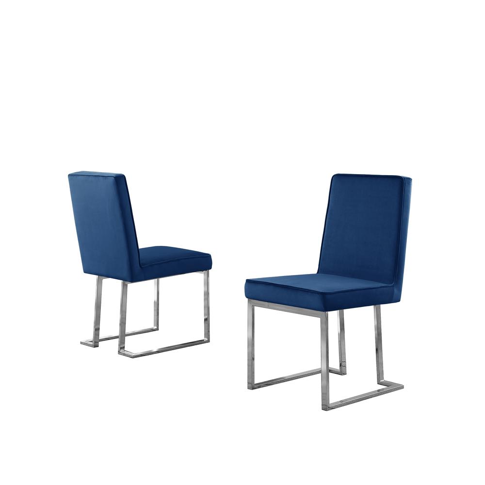 Navy Blue Velvet Upholstered Dining Side Chairs, Chrome Base, Set of 2. Picture 1