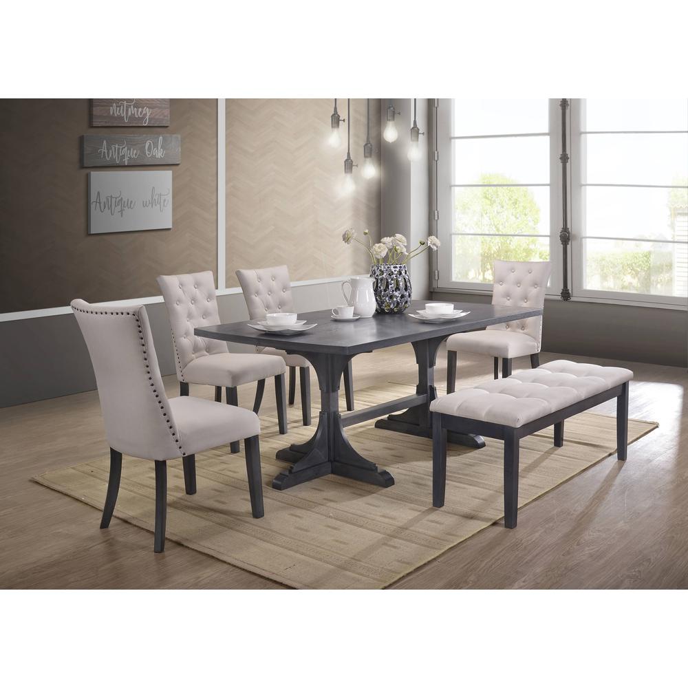 Classic 6pc Dining Set with Weathered Gray Dining Table, Uph Bench & Side Chairs Tufted & Nailhead Trim, Beige. Picture 1