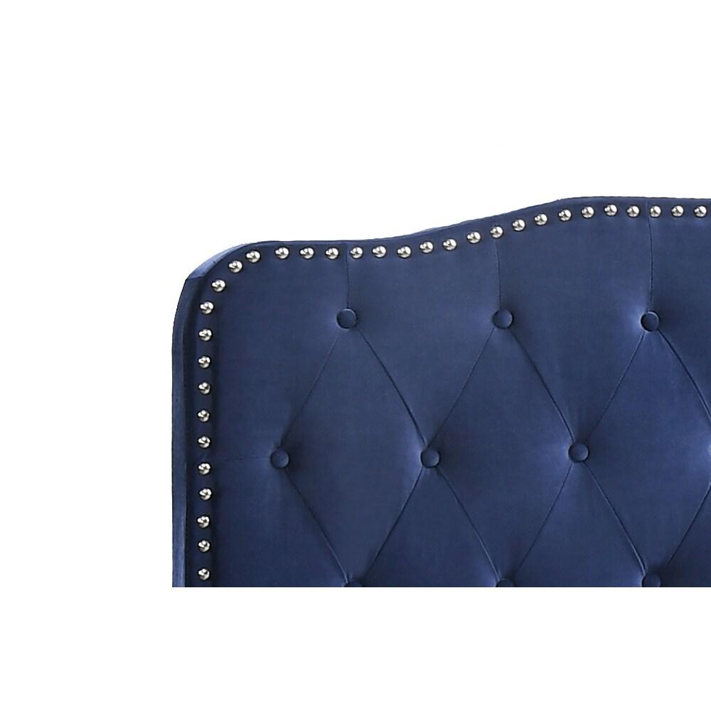 Navy Blue Velvet Uph. Panel Bed with Silver Nailhead - Queen. Picture 3