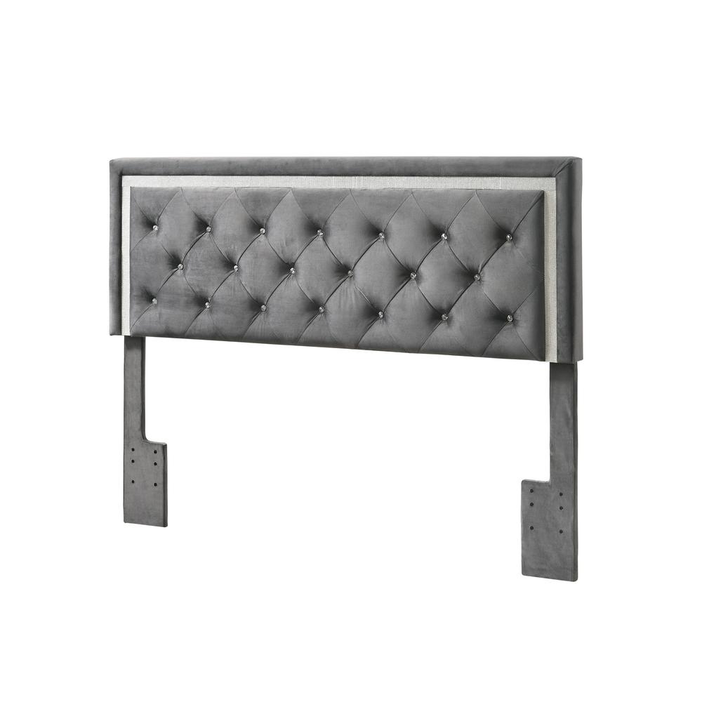 Dark Grey Velvet Uph. Panel Bed with Accents - Queen. Picture 4
