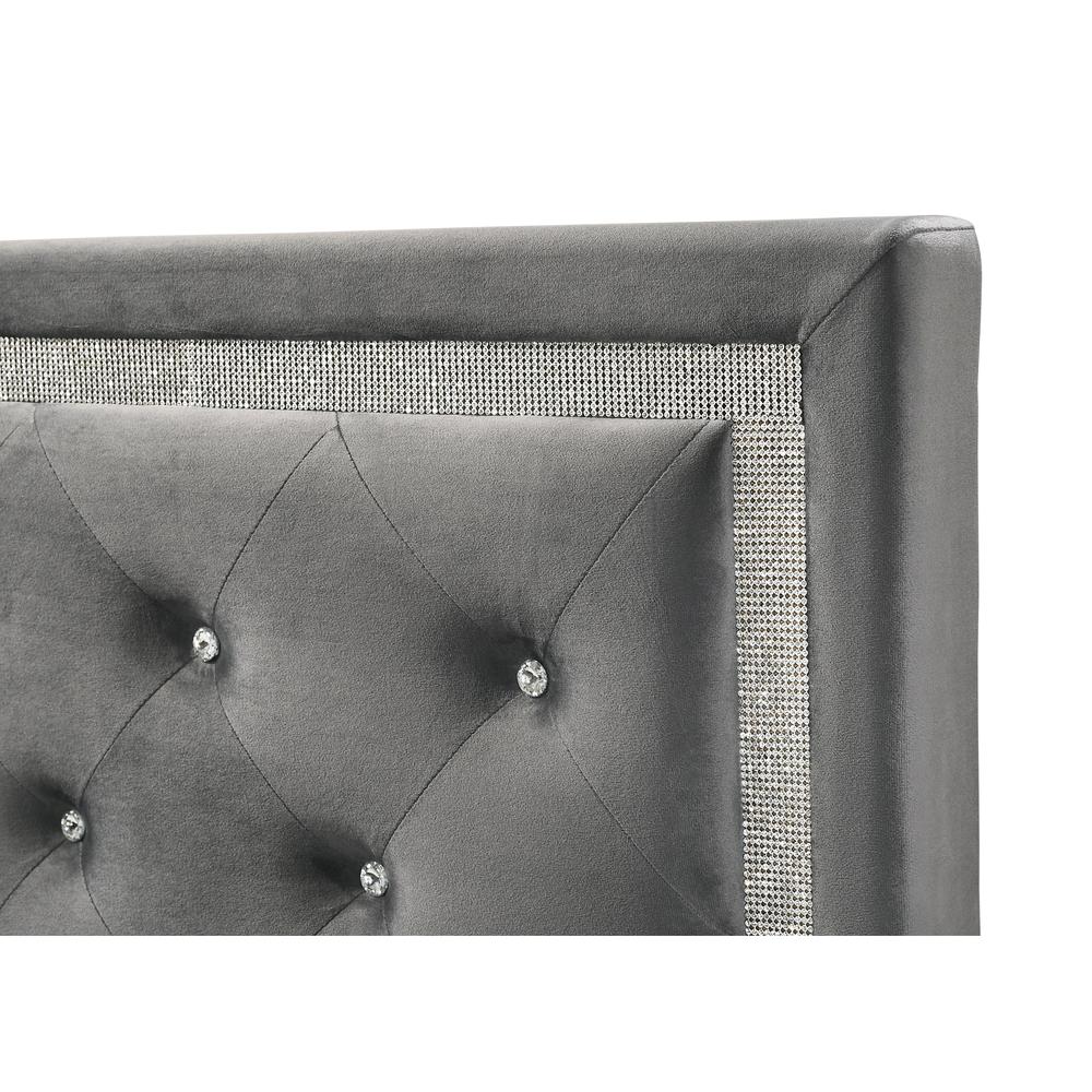 Dark Grey Velvet Uph. Panel Bed with Accents - Queen. Picture 3
