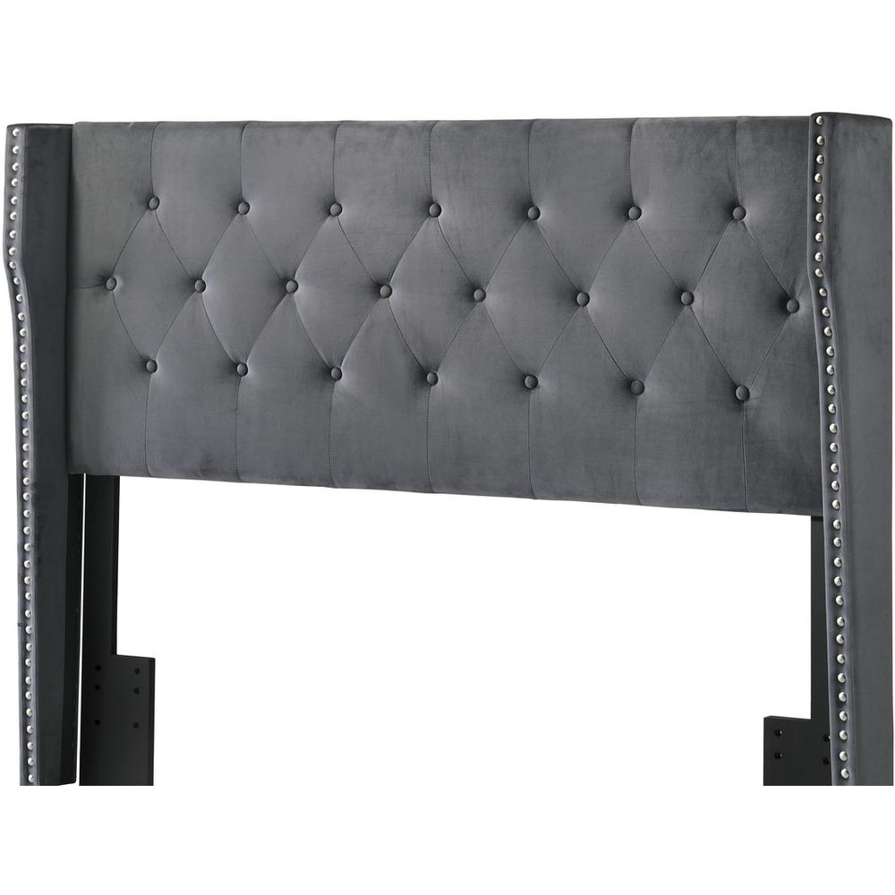 Dark Grey Velvet Uph. Headboard Tufted Buttons Side Studs, Queen & Full Size. Picture 1