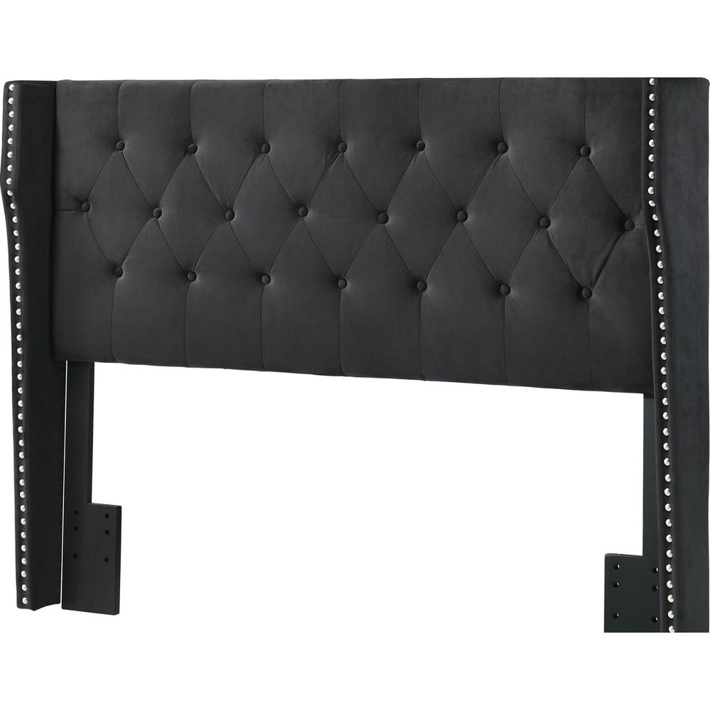 Black Velvet Uph. Headboard Tufted Buttons Side Studs, Queen & Full Size. Picture 1