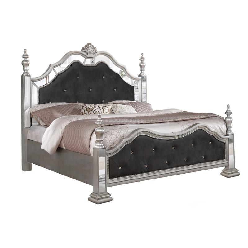 Black Velvet Tufted Bedroom Bench with Mirrored Accents. Picture 1