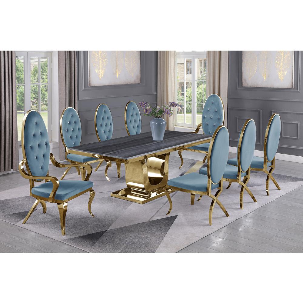 Dark Grey Marble 9pc Set Tufted Faux Crystal Chairs and Arm Chairs in Teal Velvet. Picture 1