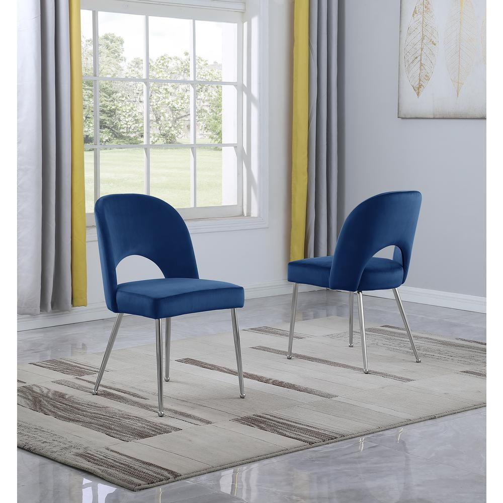 Navy Blue Velvet Dining Side Chair Openback, Chrome, Set of 2. Picture 2