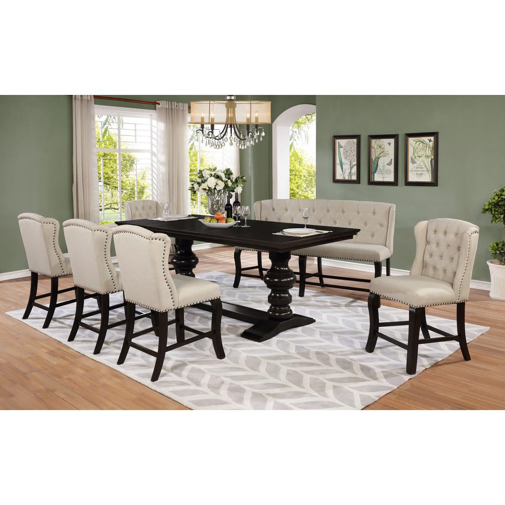 Classic 7pc Dining Set with Extendable Counter Height Dining Table with Two 16" Leafs in Cappuccino Finish, Counter Height Upholstered Side Chairs with Tufted Buttons and Nailhead Trim, and Counter He. Picture 1