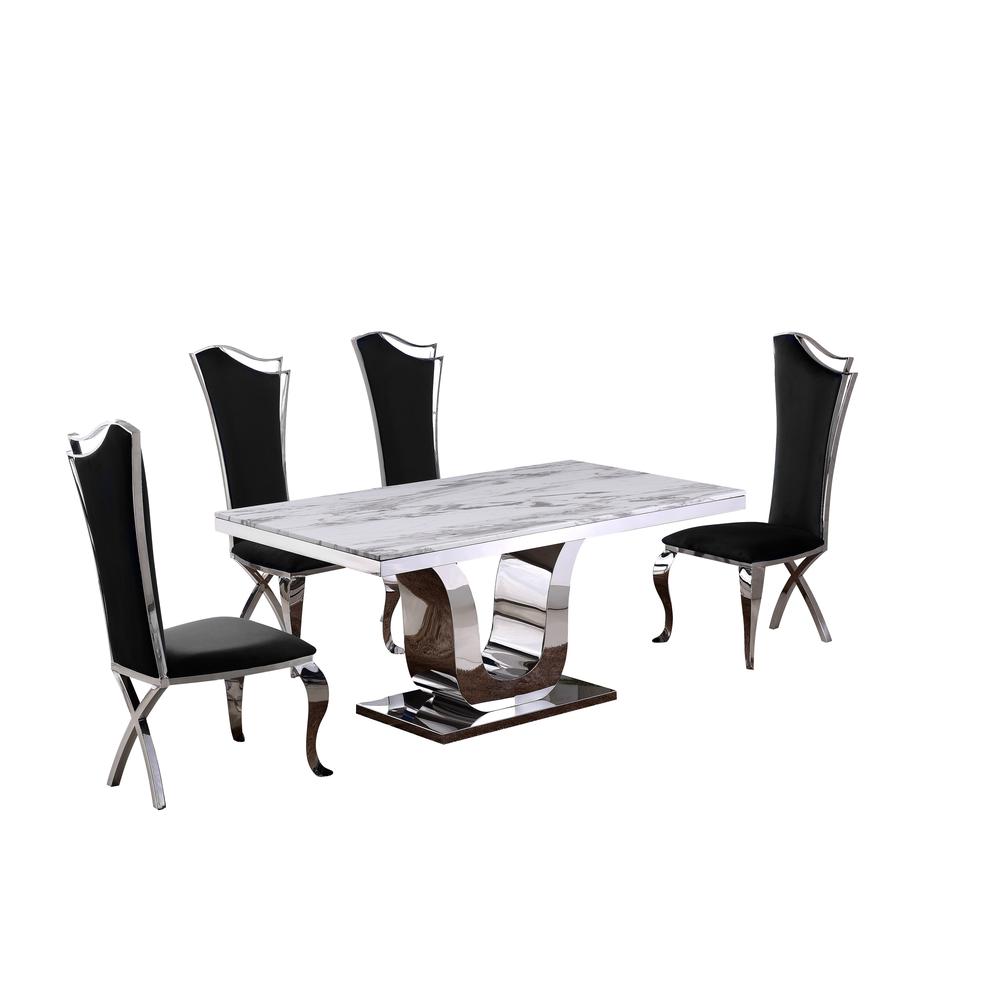 Classic 5pc Dining Set with Marble Top and Stainless Steel Base with Velvet Side Chairs. Picture 2