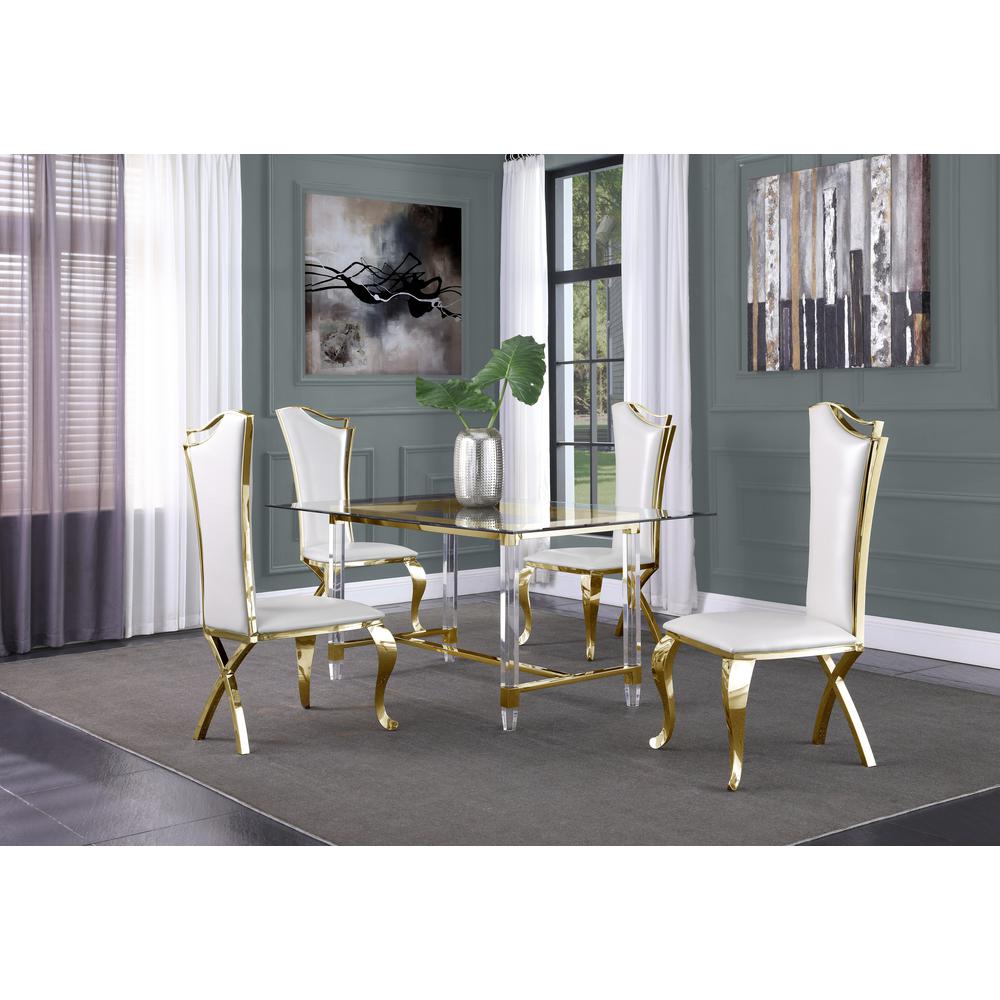 Acrylic Glass 5pc Gold Set Stainless Steel Highback Chairs in White Faux Leather. Picture 1