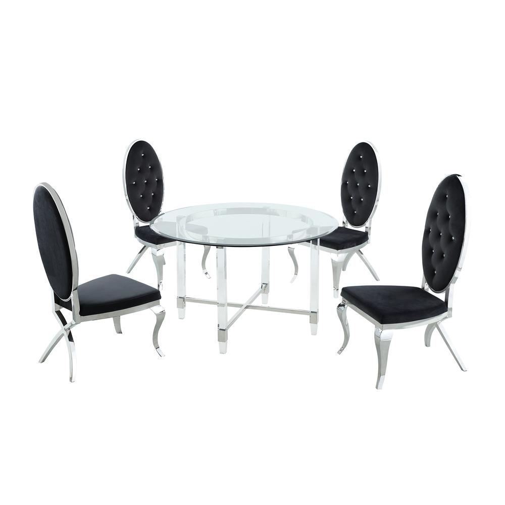 Round 5 Piece Dining Set: Glass Table Acrylic, 4 Dining Chairs Faux Crystal in Black Velvet. Picture 2