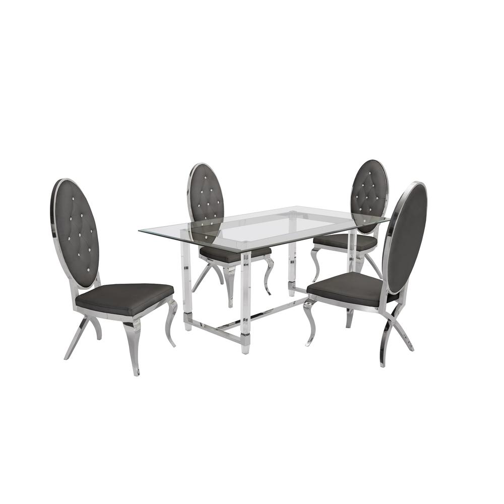 Acrylic Glass 5pc Set Tufted Faux Crystal Chairs in Dark Grey Velvet. Picture 1