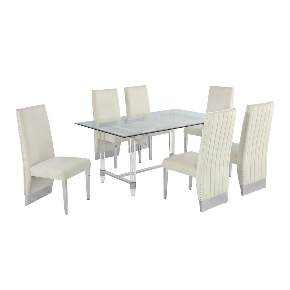 Acrylic Glass 7pc Set Pleated Chairs in Beige Velvet. Picture 2