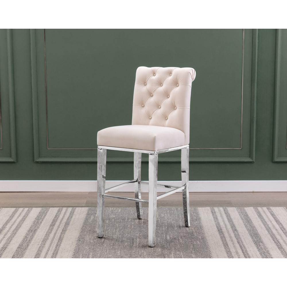 29" Cream velvet barstool with a silver color base (SET OF 2). Picture 2