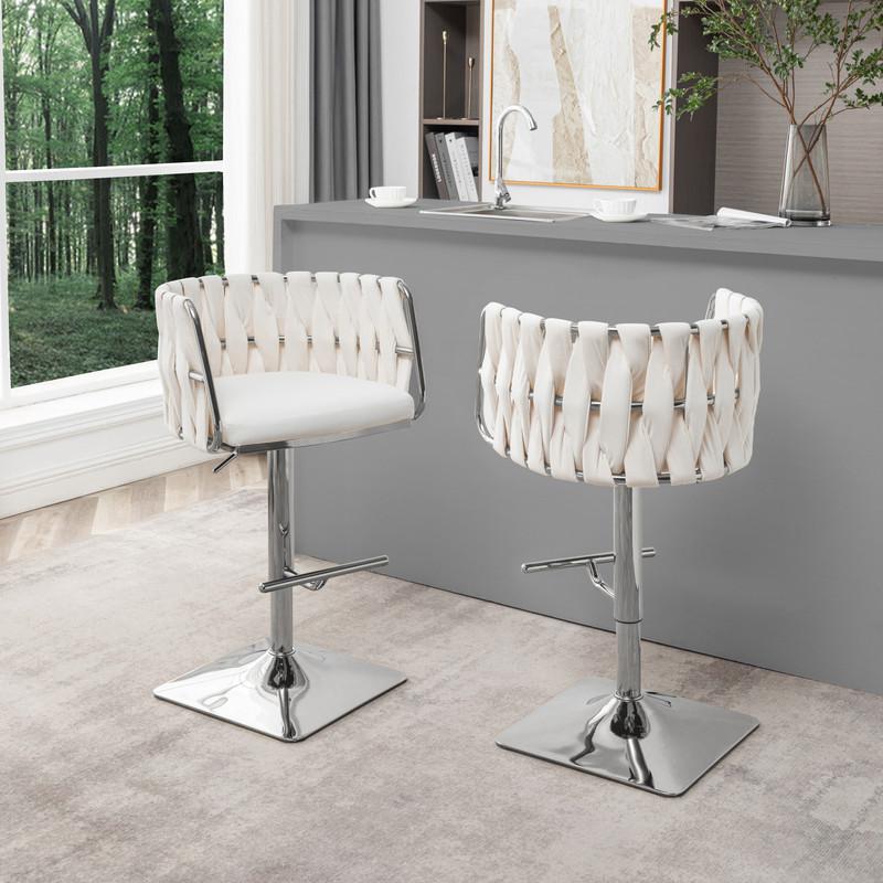 Velvet upholstered barstool in Cream fabric and silver color base (SET OF 2). Picture 3