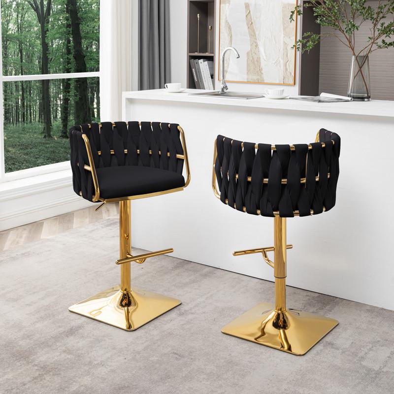 Velvet upholstered barstool in Black fabric and gold color base (SET OF 2). Picture 3