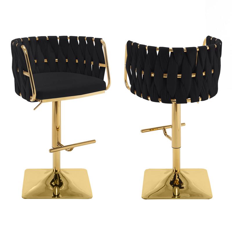 Velvet upholstered barstool in Black fabric and gold color base (SET OF 2). Picture 1