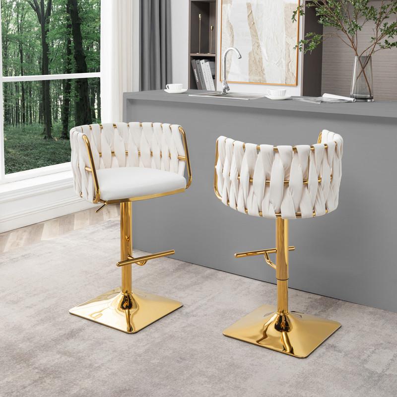 Velvet upholstered barstool in Cream fabric and gold color base (SET OF 2). Picture 3