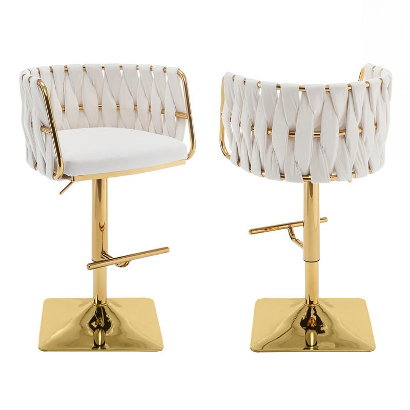 Velvet upholstered barstool in Cream fabric and gold color base (SET OF 2). Picture 1
