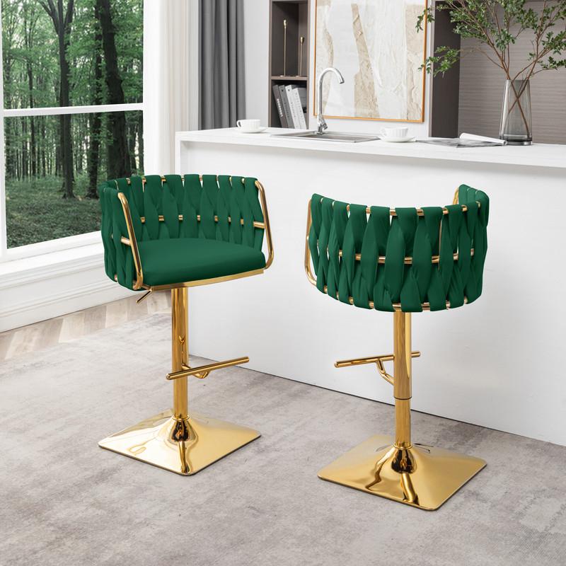 Velvet Upholstered barstool in Emerald green and gold color base (SET OF 2). Picture 3