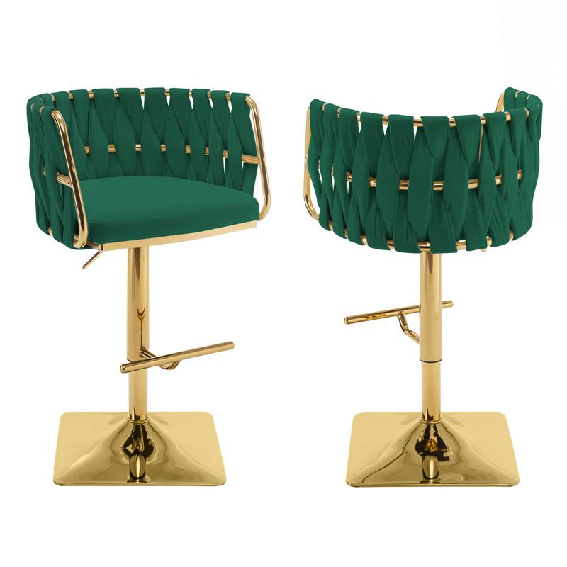 Velvet Upholstered barstool in Emerald green and gold color base (SET OF 2). Picture 1