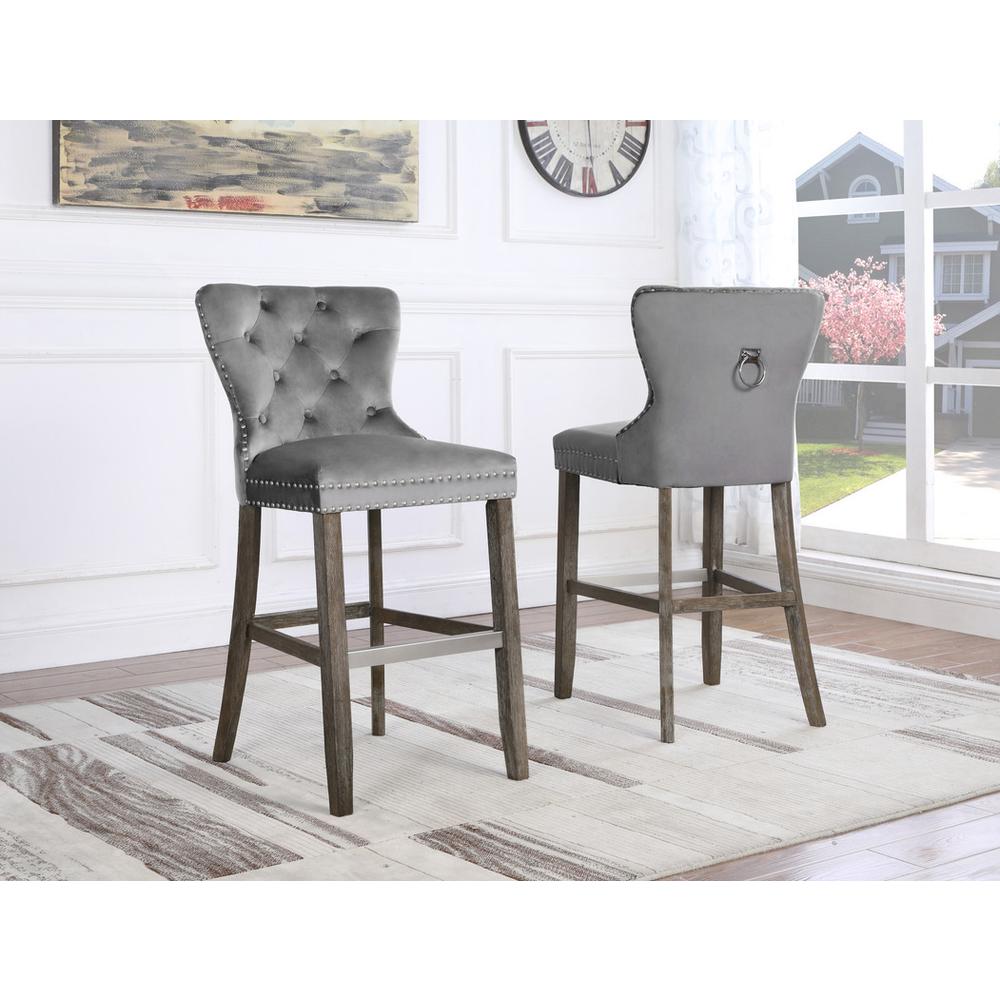 29" dark grey velvet bar stool with wood base. Picture 2