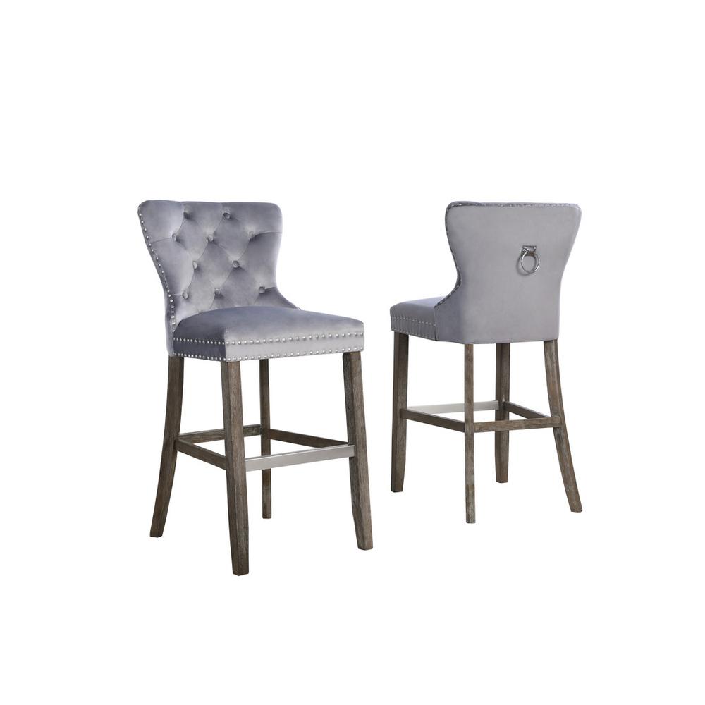 29" dark grey velvet bar stool with wood base. Picture 1
