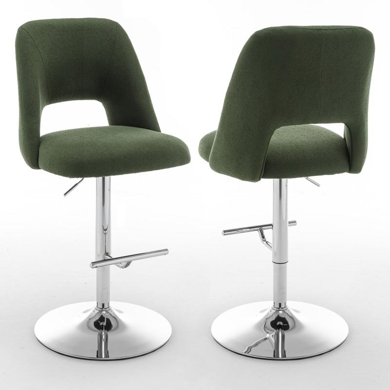 Boucle fabric upholstered barstool with a green seat and silver base (SET OF 2). Picture 1