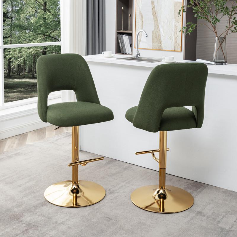 Boucle fabric upholstered barstool with a green seat and gold base (SET OF 2). Picture 5