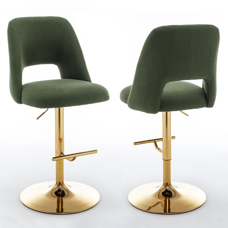 Boucle fabric upholstered barstool with a green seat and gold base (SET OF 2). Picture 1