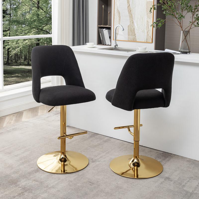 Boucle fabric upholstered barstool with a black seat and gold base (SET OF 2). Picture 5