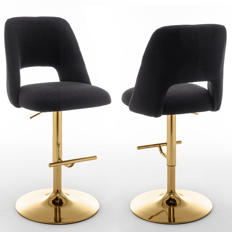Boucle fabric upholstered barstool with a black seat and gold base (SET OF 2). Picture 1