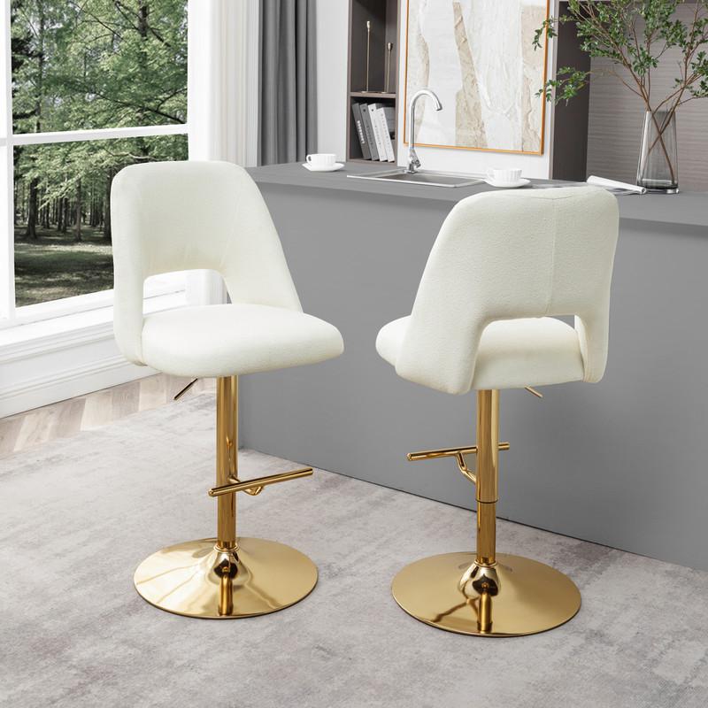 Boucle fabric upholstered barstool with a beige seat and gold base (SET OF 2). Picture 5