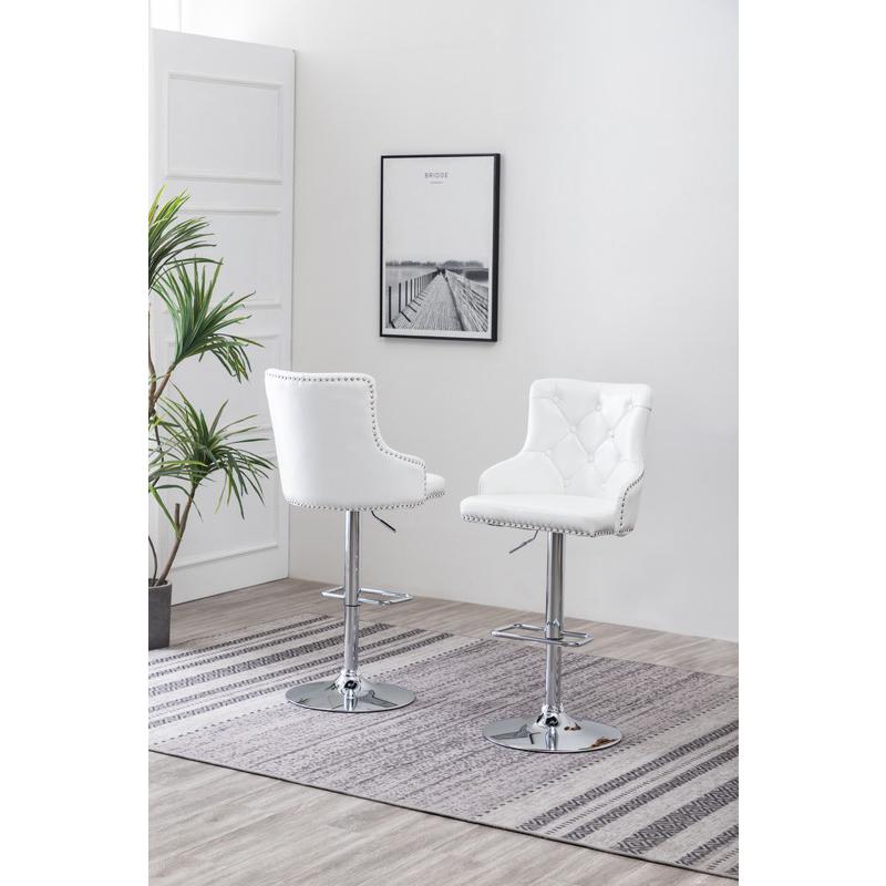 Faux Leather Adjustable Bar Stool in White, Set of 2, White. Picture 2