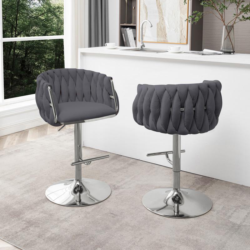 Velvet Upholstered barstool in Dark gray with Silver color base (SET OF 2). Picture 3