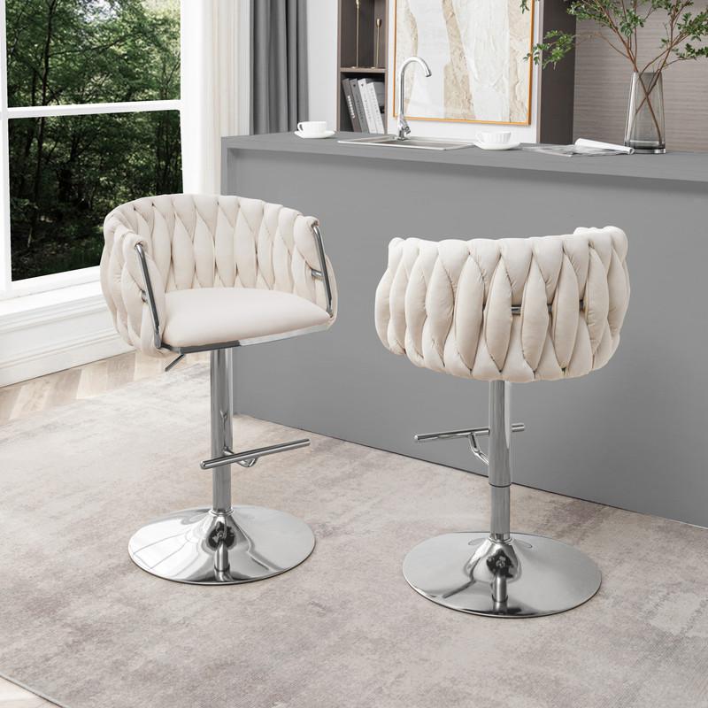 Velvet Upholstered barstool in Cream with Silver color base (SET OF 2). Picture 3